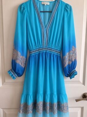 Hale Bob Turquoise to Royal Blue Embroidered V-Neck Midi Dress